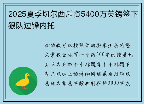 2025夏季切尔西斥资5400万英镑签下狼队边锋内托 2025夏季切尔西斥资5400万英镑签下狼队边锋内托