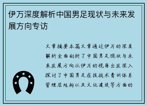 伊万深度解析中国男足现状与未来发展方向专访