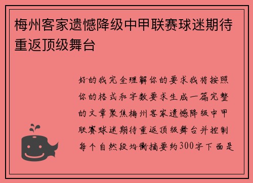 梅州客家遗憾降级中甲联赛球迷期待重返顶级舞台